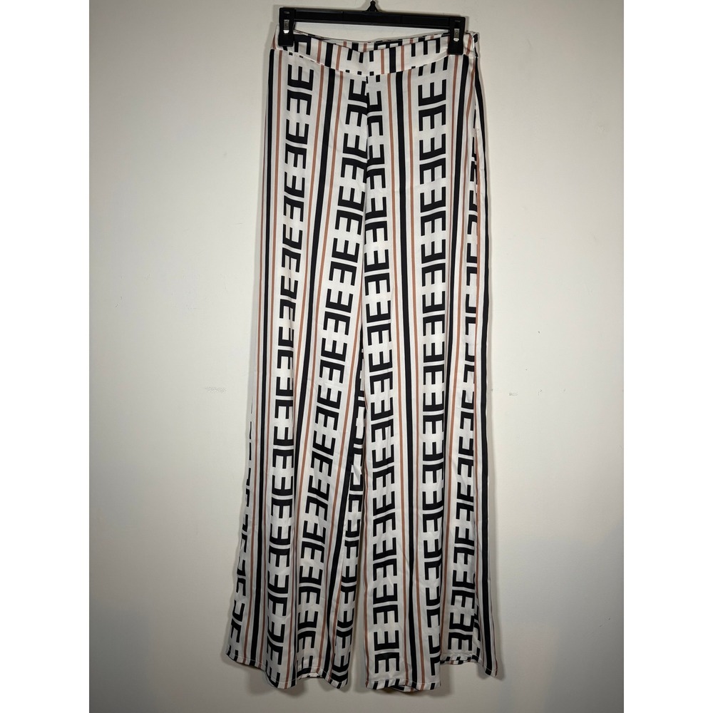fab'rik Wide Leg Pants White Black Brown Geometric Stripe Designer Chic Small